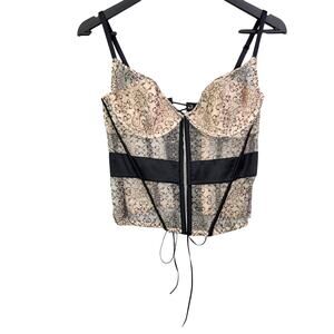 NWT Victorias Secret Floral Lace Up Corset Bra 36C Embroidered Nude Black Zipper